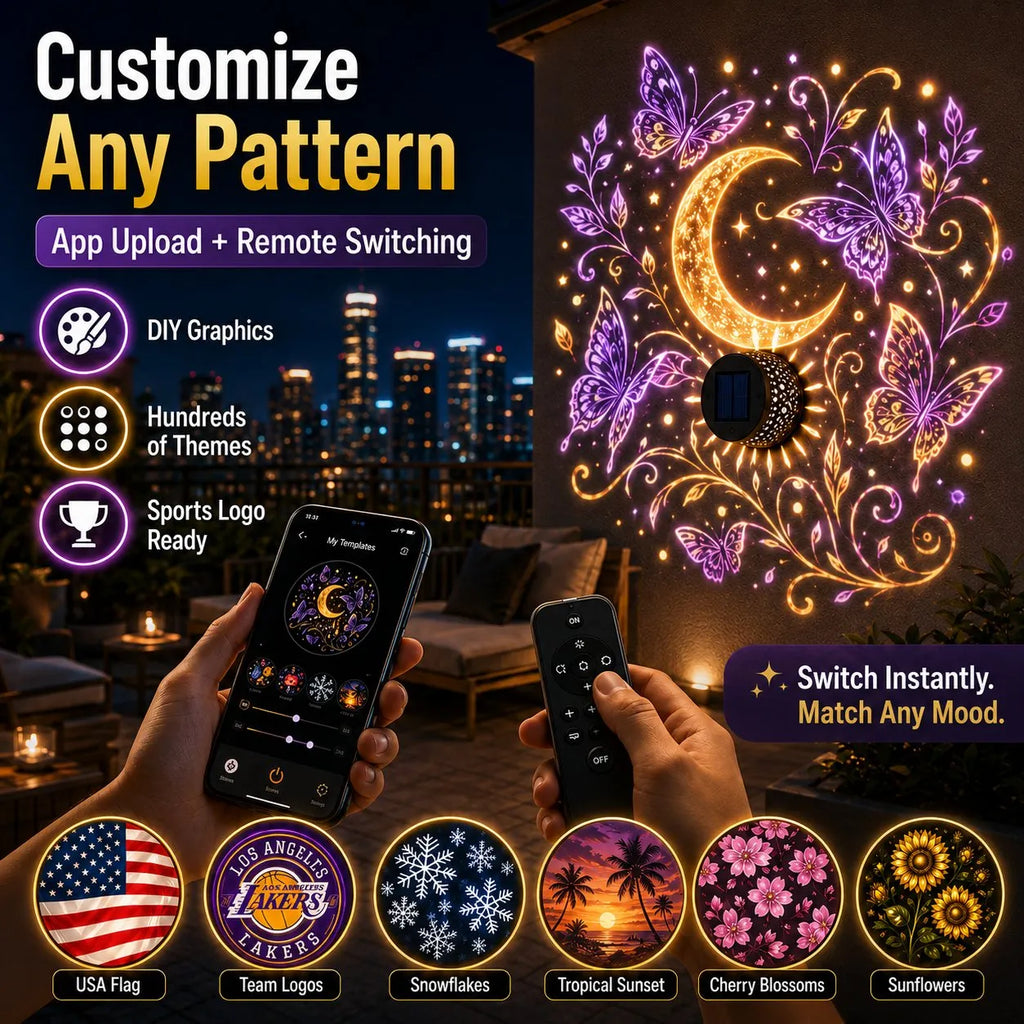 🔥HOT SALE🔥✨Smart App-Controlled Solar Wall Projection Light (Custom DIY Patterns & Team Logos Edition)