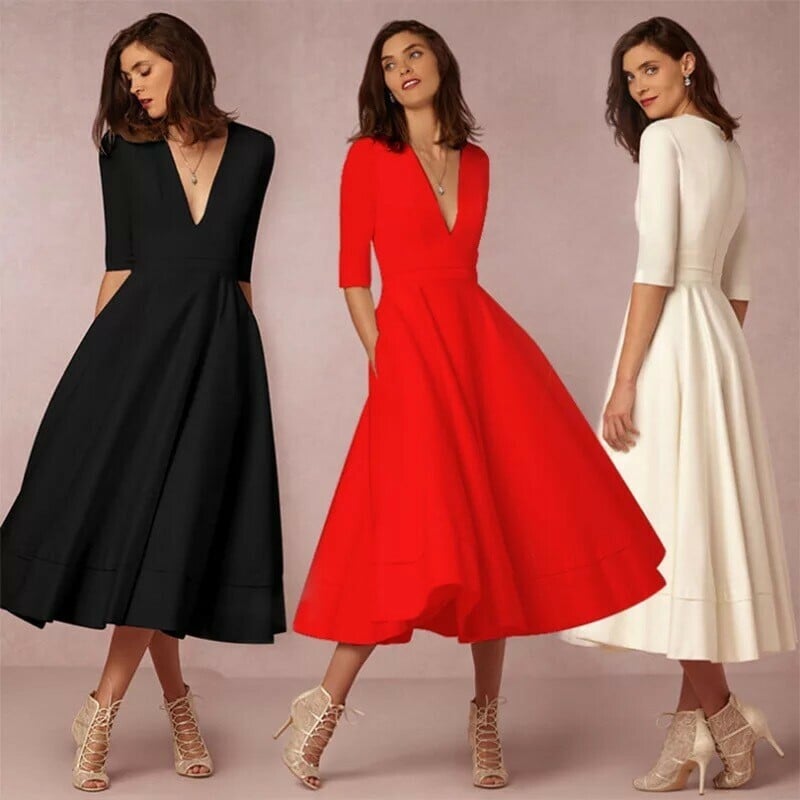 V Neck Pocket Design Half Sleeve Dress