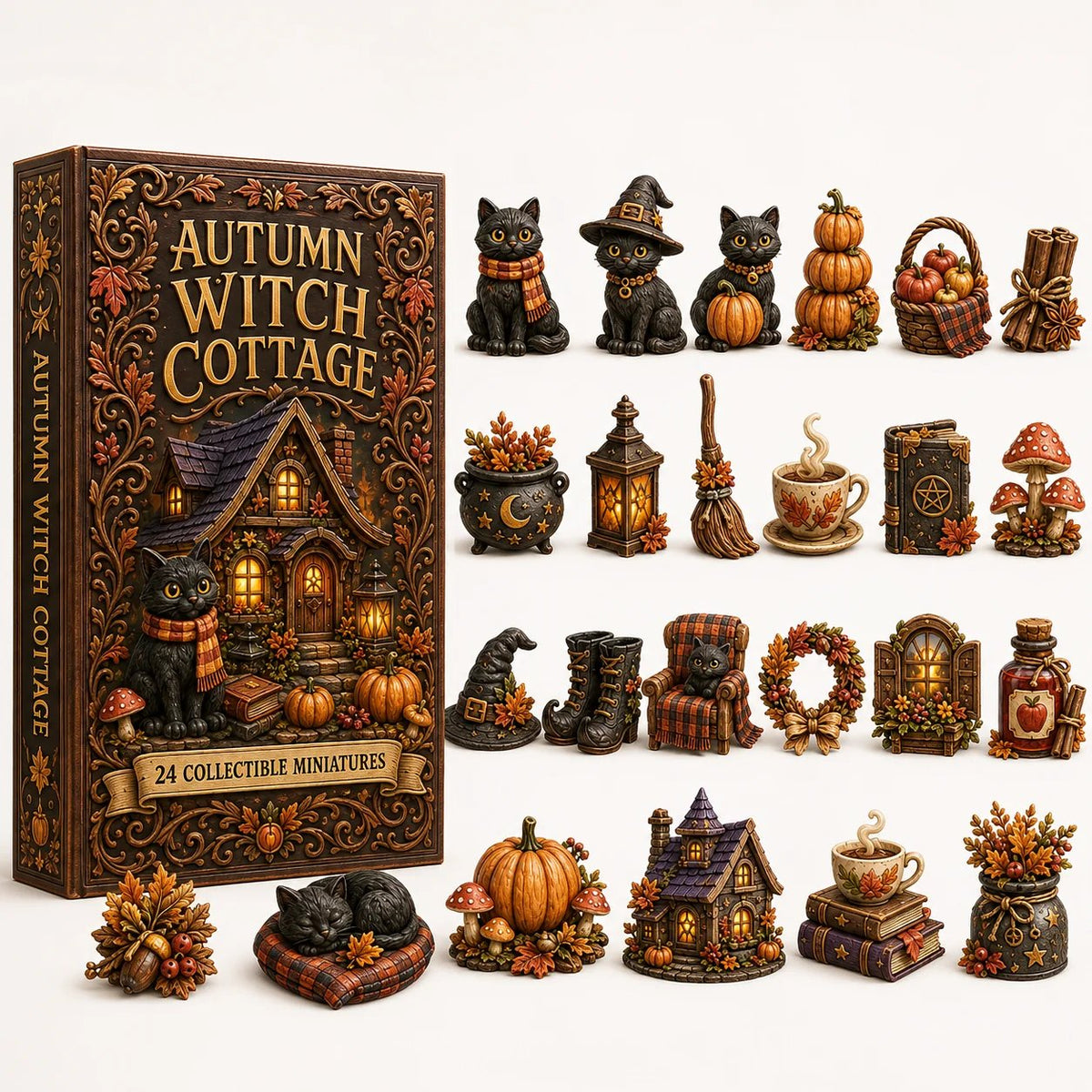 24 Cozy Witchy Miniatures, Black Cat Collectibles & Magical Fall Cottage Surprises, Acrylic Charms Blind Box