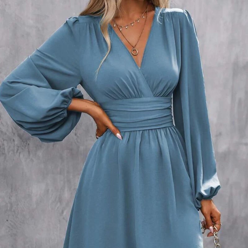 Women's Fashion Wrap V-Neck Empire Waist Lantern Sleeve Dress