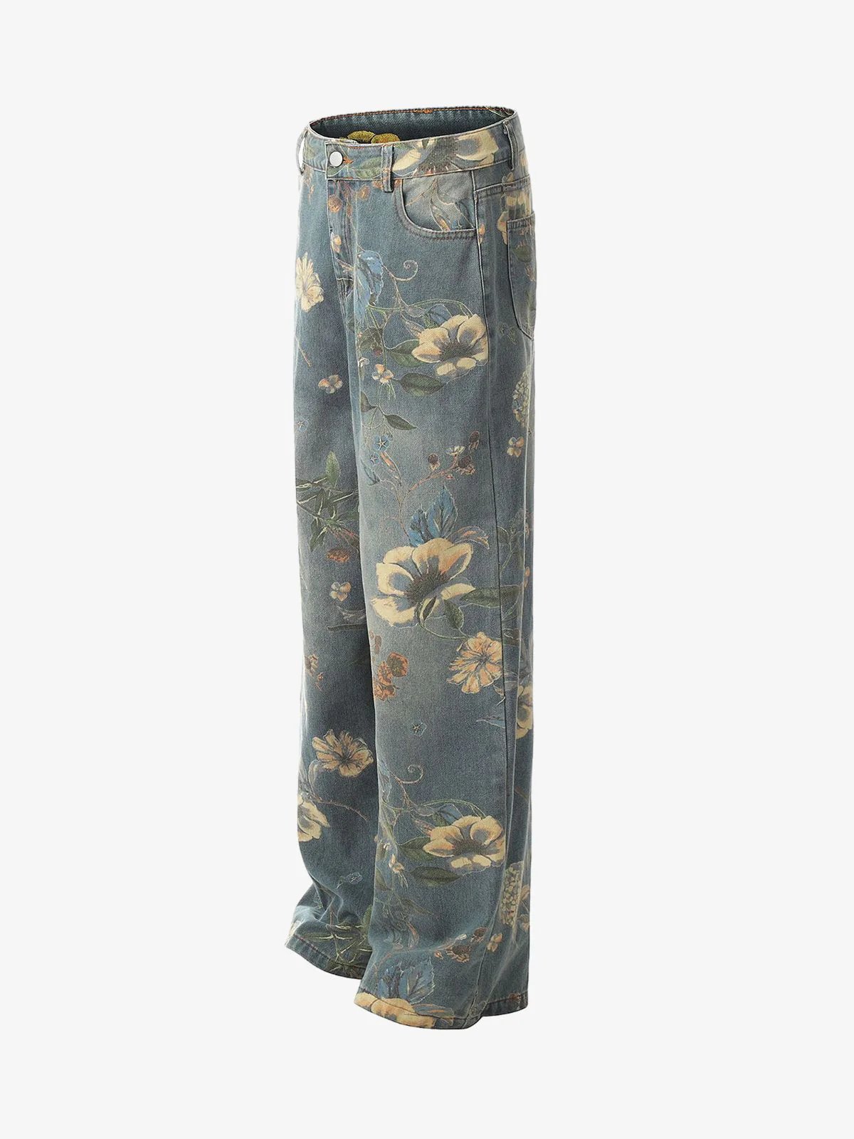 Denim Floral Print Carpenter Jeans