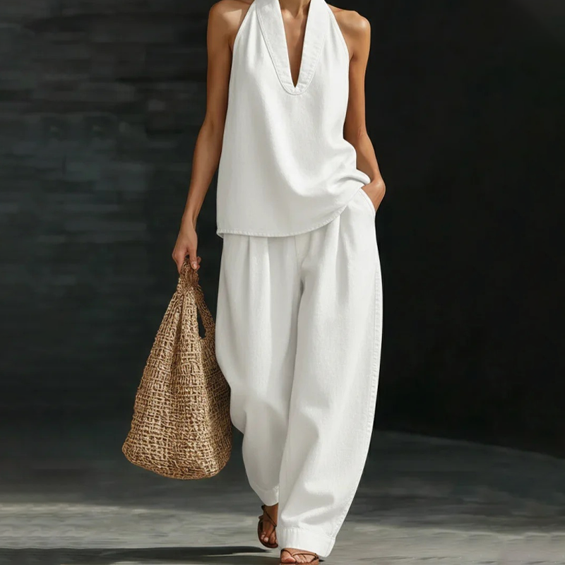 🌞🔥"Effortless Chic" tweedelig set: elegant neckholder-top & wijde broek met zakken.
