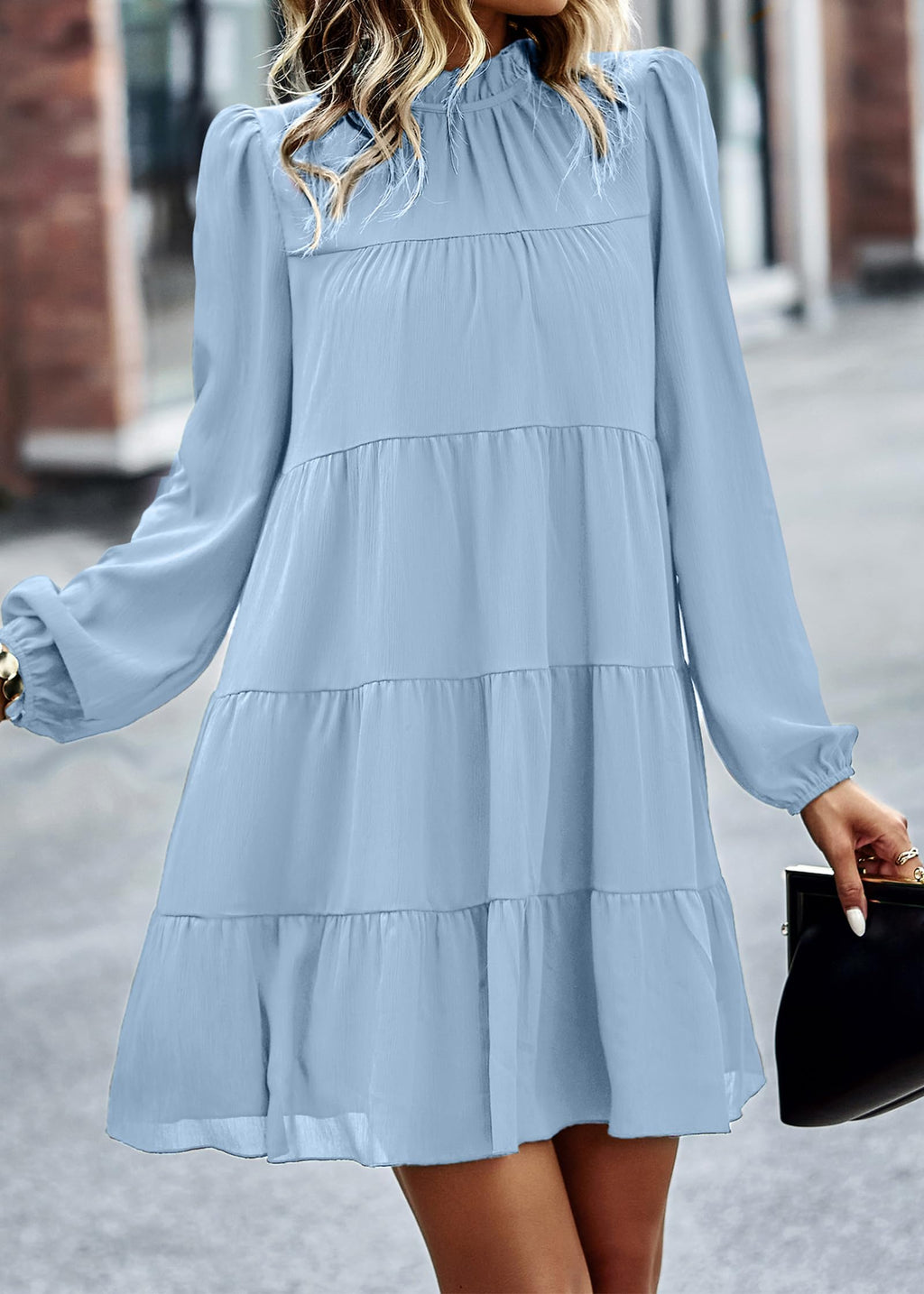 Womens Casual Long Sleeve Mock Neck Ruffle Tiered Babydoll Dress