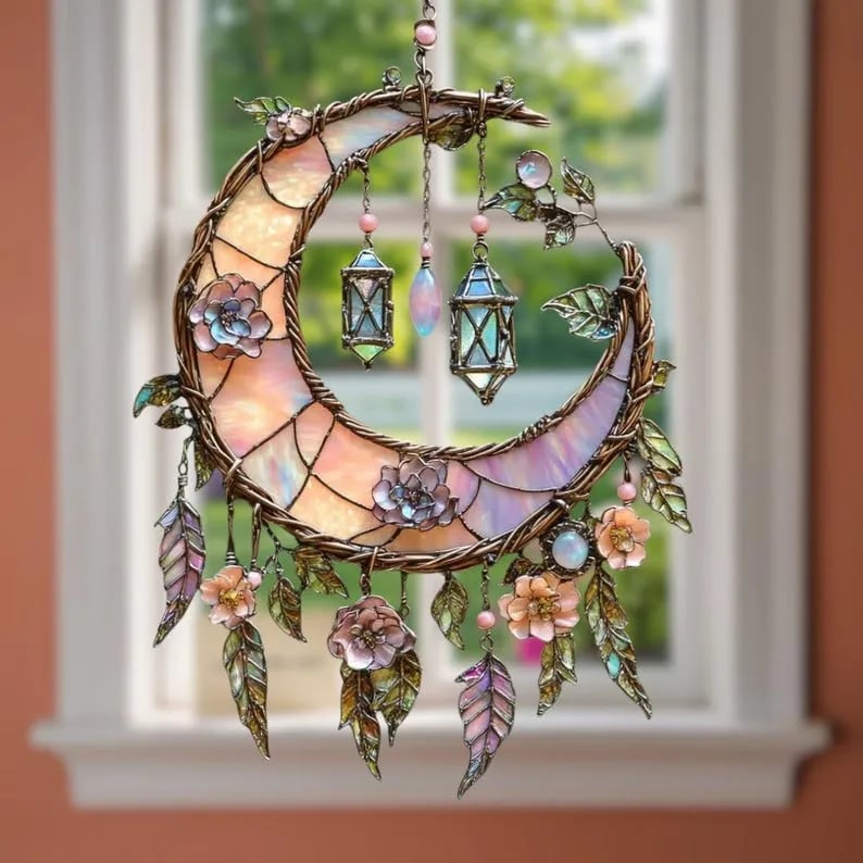 🌙2D Hand-Painted Moon and Floral Window Decor💖