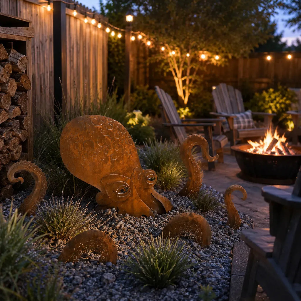 🔥 🐙Rust Patina Giant Squid Garden Sculpture