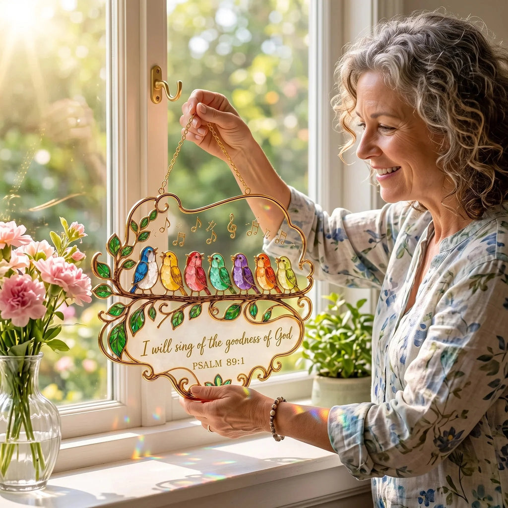 🎉🎵 Psalm 89:1 Songbird Window Suncatcher | Faith Decor with Colorful Birds & Scripture