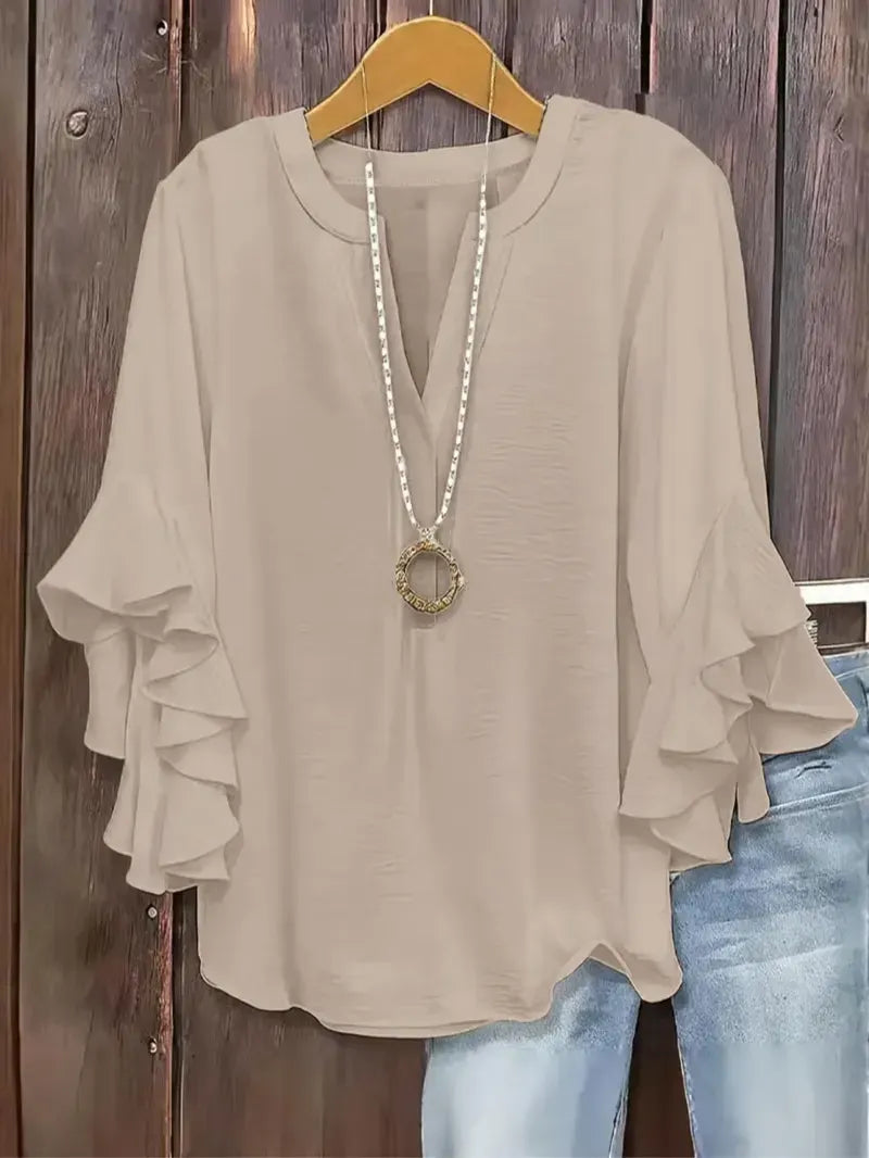 🔥Plus Size Women's Ruffle Sleeve V-Neck Shirt, Elegant Floral Design, Comfortable and Stylish, Perfect for Casual Wear