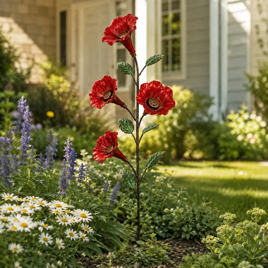 🎉✨ Vintage Red Flower Hummingbird Feeder Garden Stake
