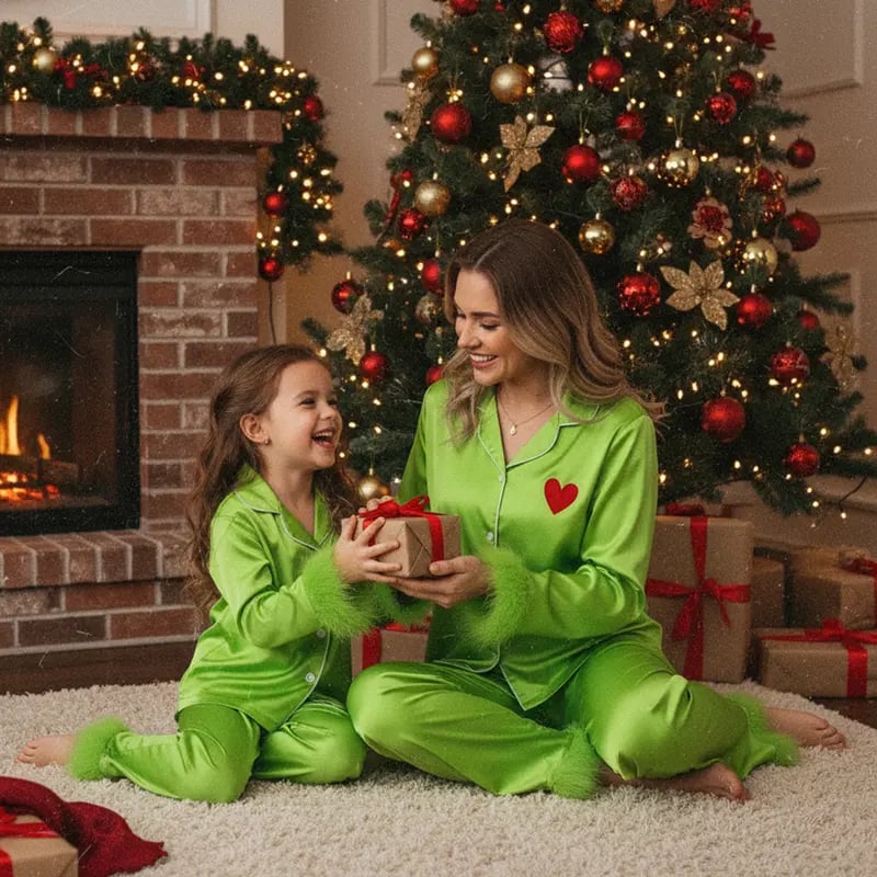 Holiday Matching Family Pajamas 🌲💝 Green Satin Silk Button-Down Shirts