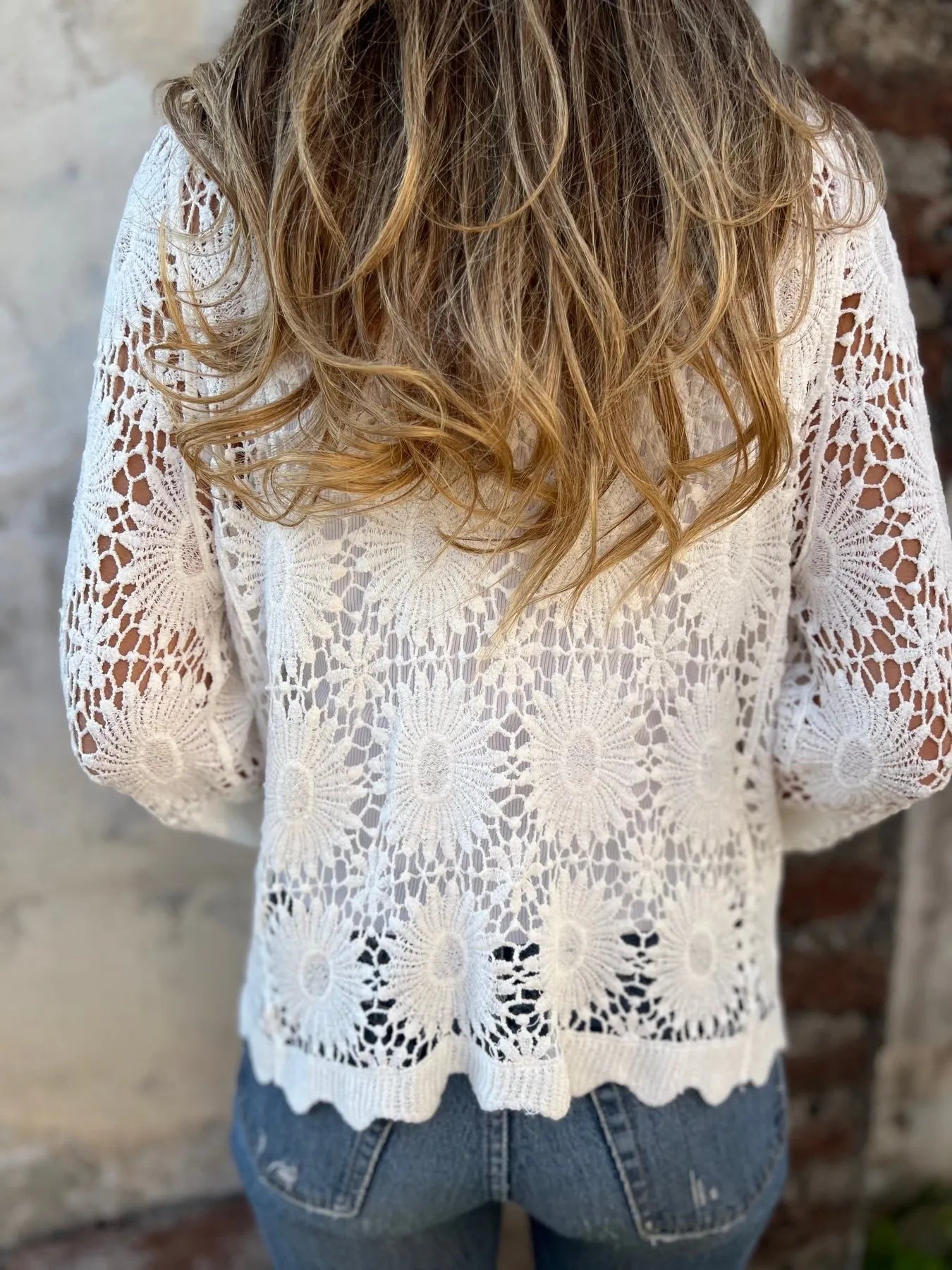 Cutout Embroidered V-Neck Button Long Sleeve Top
