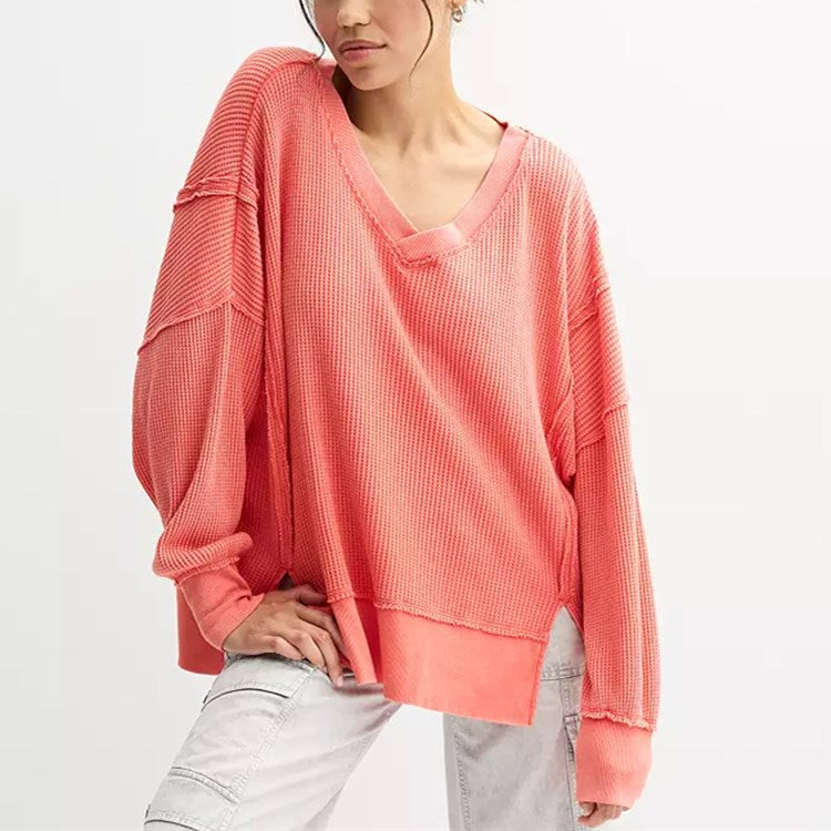Oversized Waffle V Neck Top
