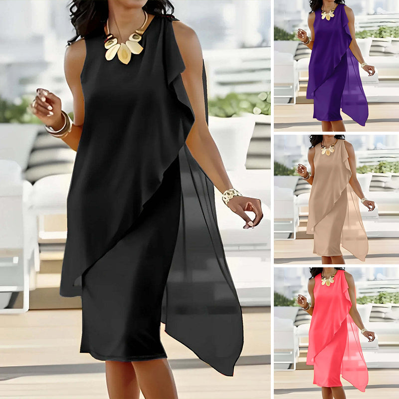 ⏰Women's Summer Elegant Round Neck Asymmetric Mesh Sleeveless Dress👗