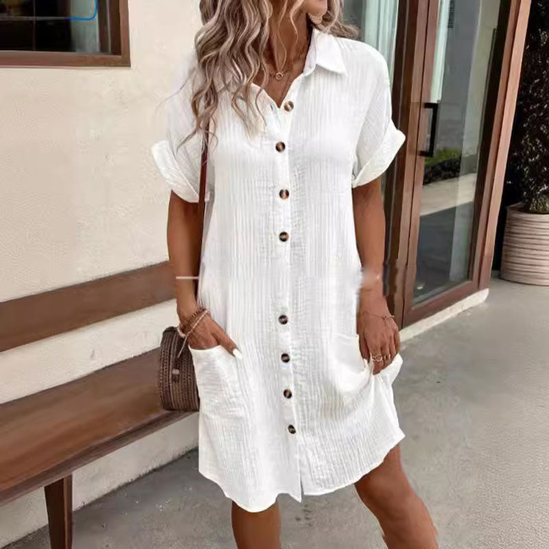 ⏰Women's Buttoned Short Sleeve Pocket Casual Shirt Dress