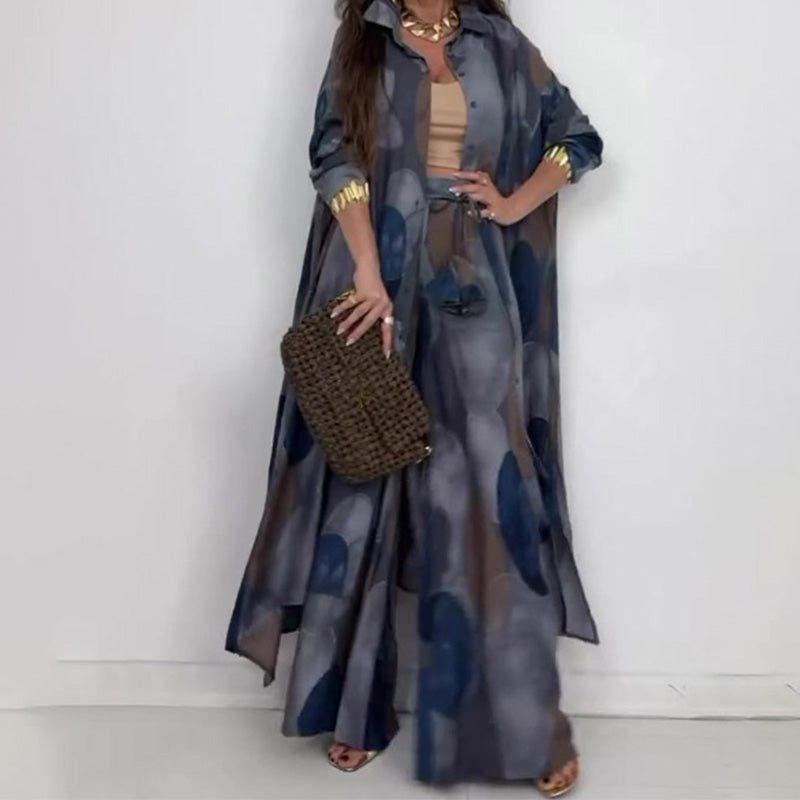 Fashionable 2-piece set with print: long-sleeved blouse and wide-leg trousers