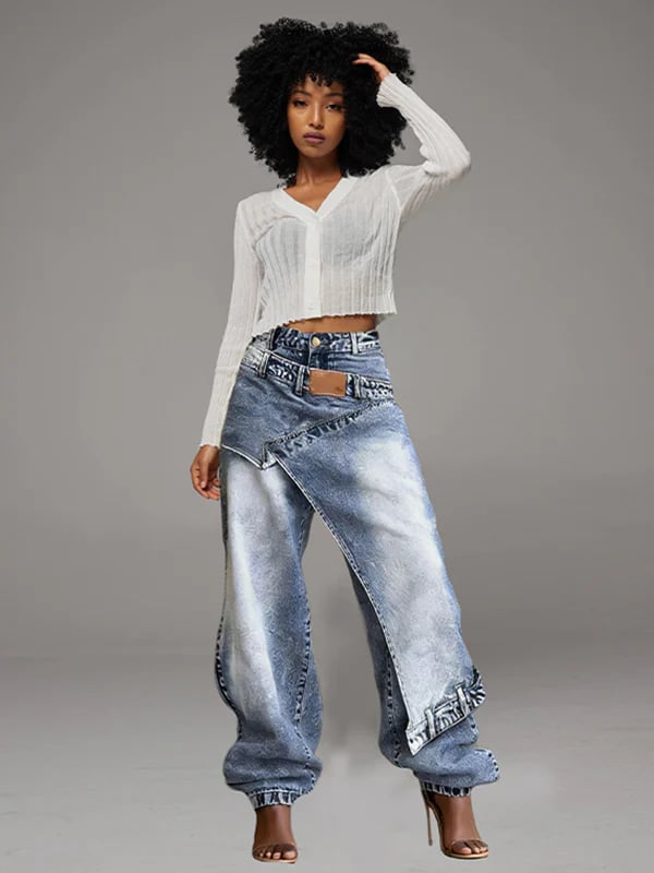 👖 Women Y2K High Waisted Patchwork Split Hem Denim Pant
