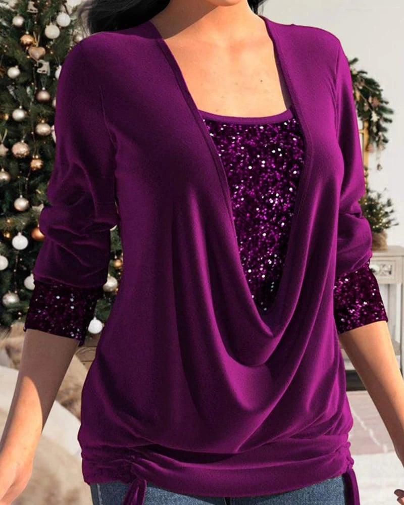 Sequin Loose Smocked Fake Two-Piece Top