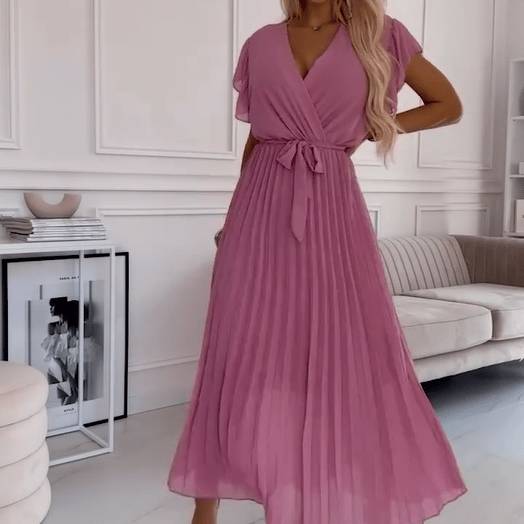 🌸 Women's Solid V-Neck Pleated Flowy Dress