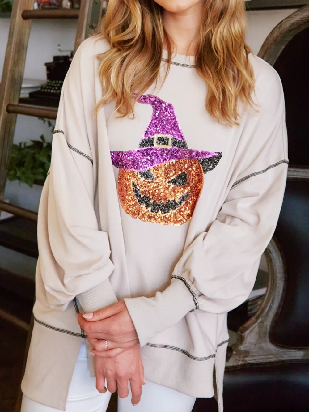Women's Halloween Sequin Ghost Top