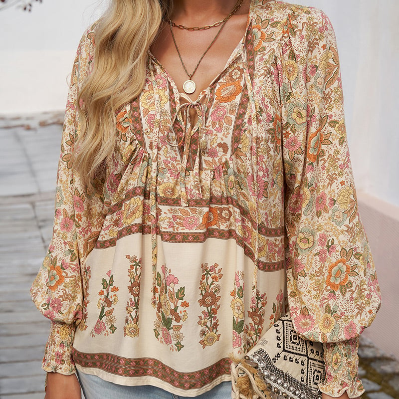 💖Women's Fashion Printed v-Neck Long Sleeve Shirt