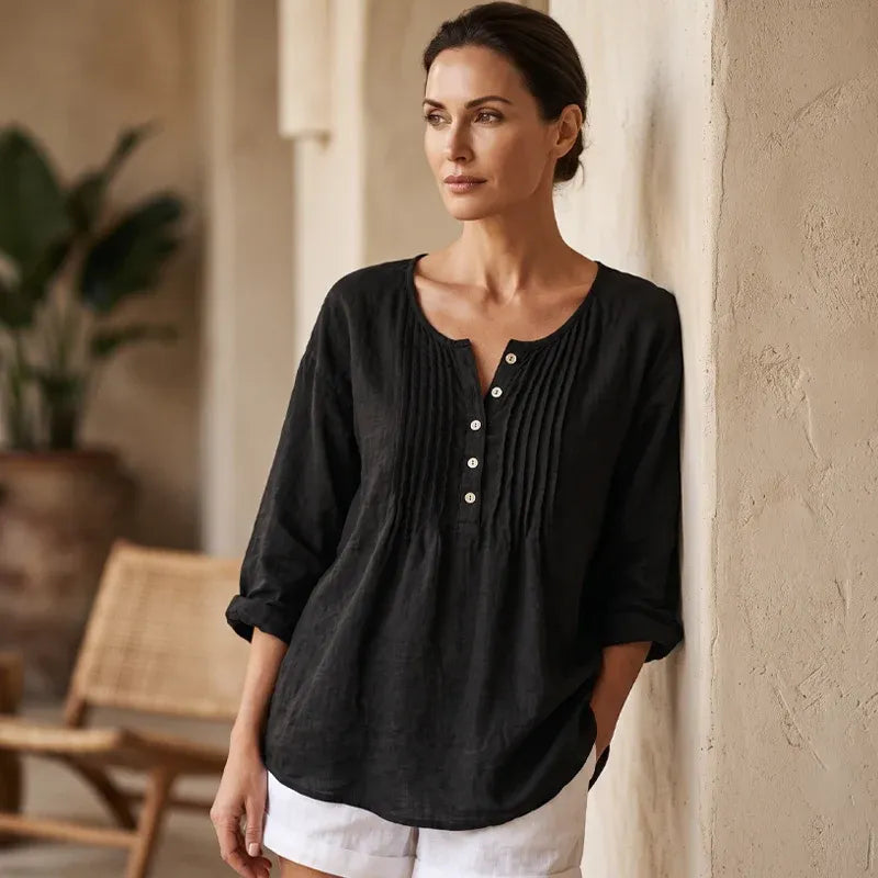 Women's Long Sleeve Pleated Henley Neck Blouse