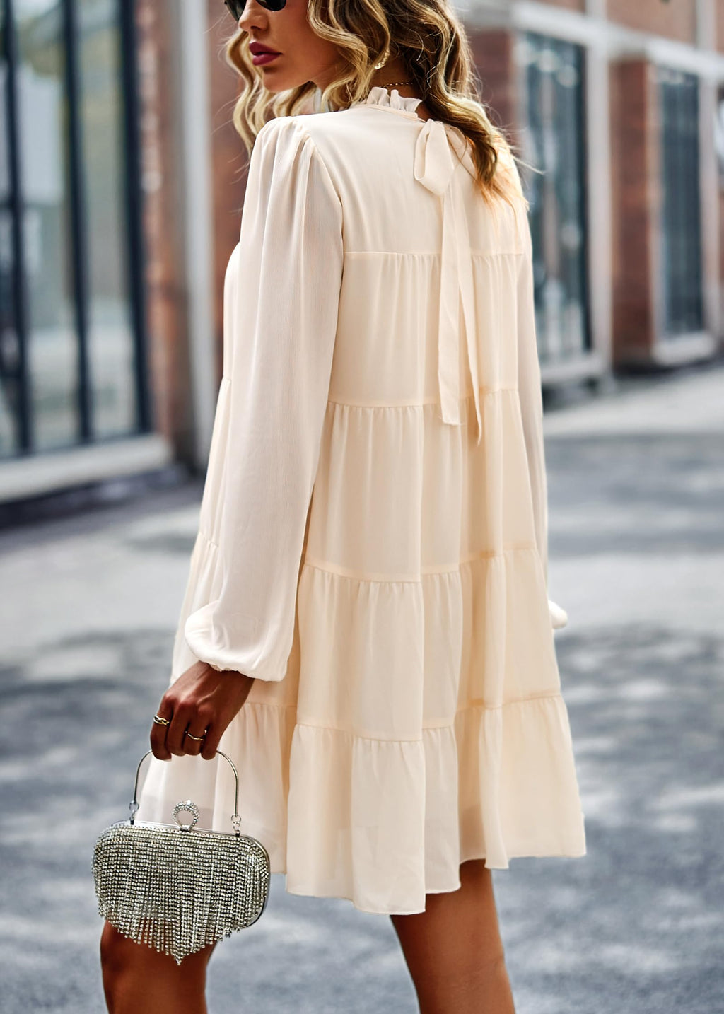 Womens Casual Long Sleeve Mock Neck Ruffle Tiered Babydoll Dress