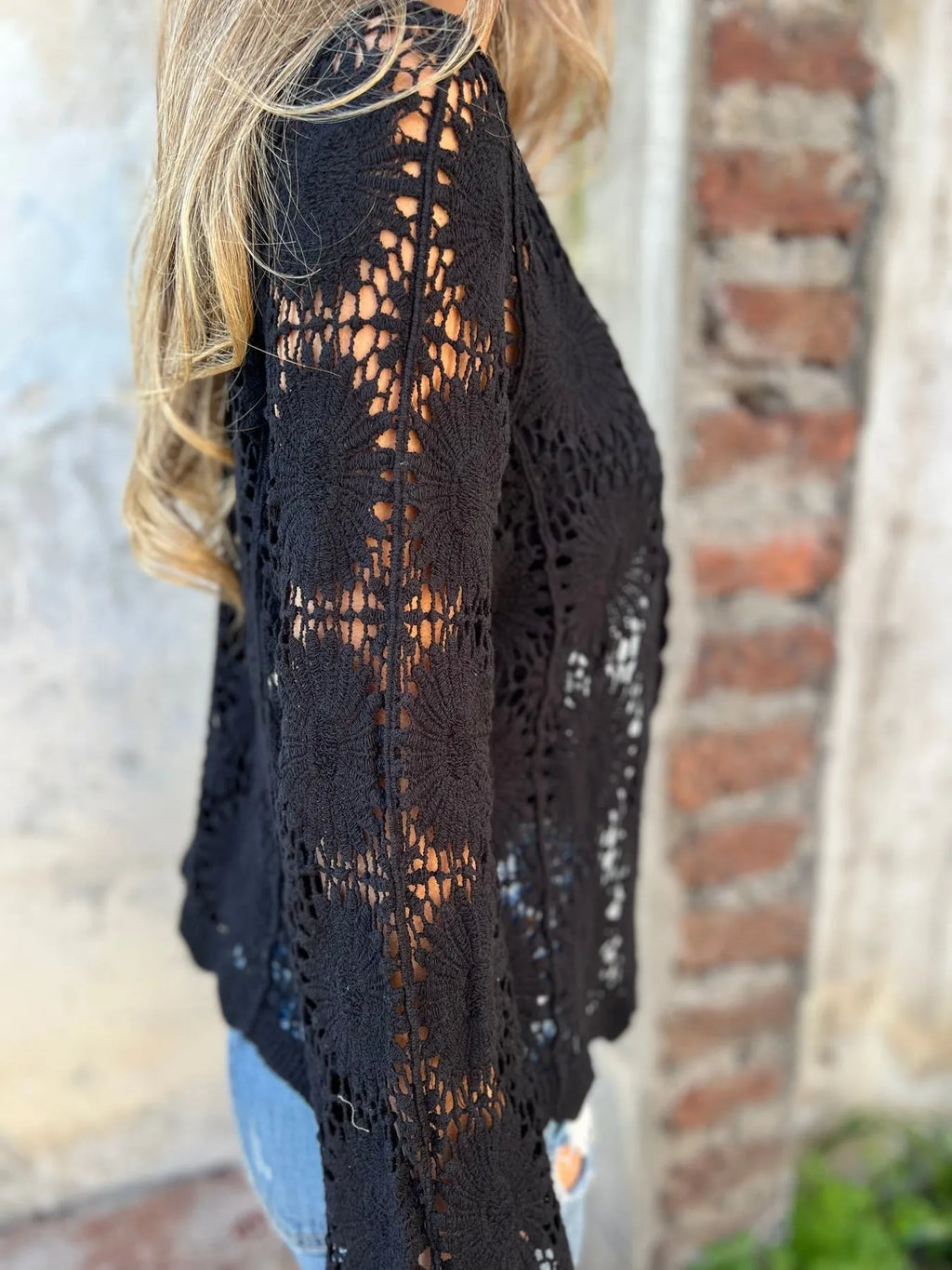 Cutout Embroidered V-Neck Button Long Sleeve Top