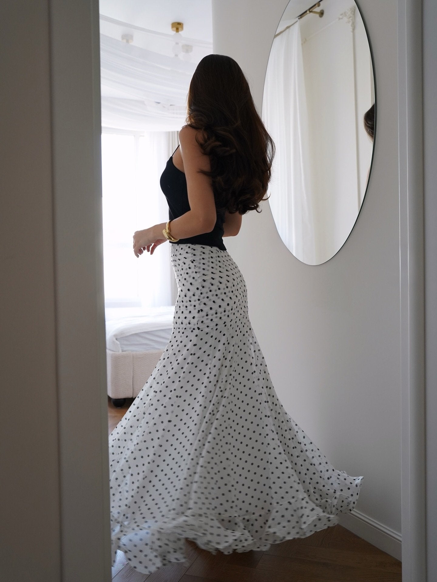 White & Black Polka Dot Floor-length Chiffon Skirt