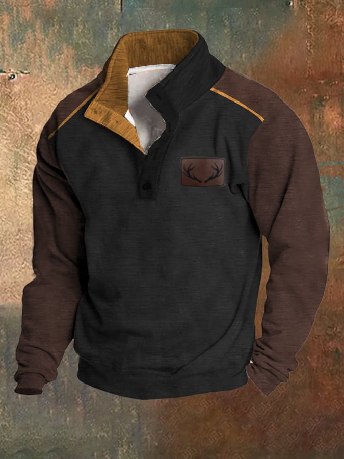 Fleece Vintage Western Antler Hunting Enthusiast Stand Collar Sweatshirt