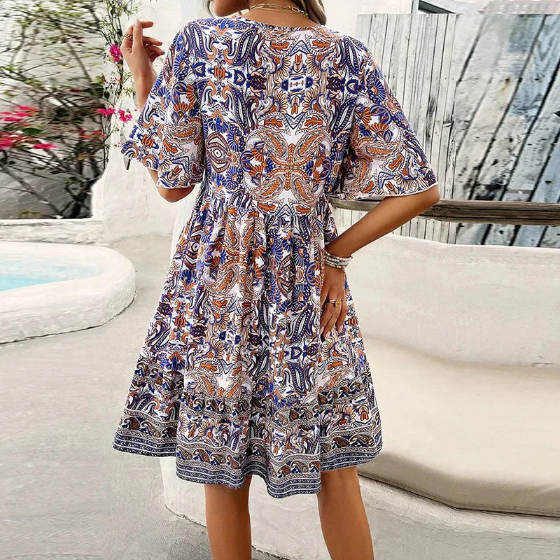 👗Women’s Flower Print V Neck Short Sleeve Mini Dress