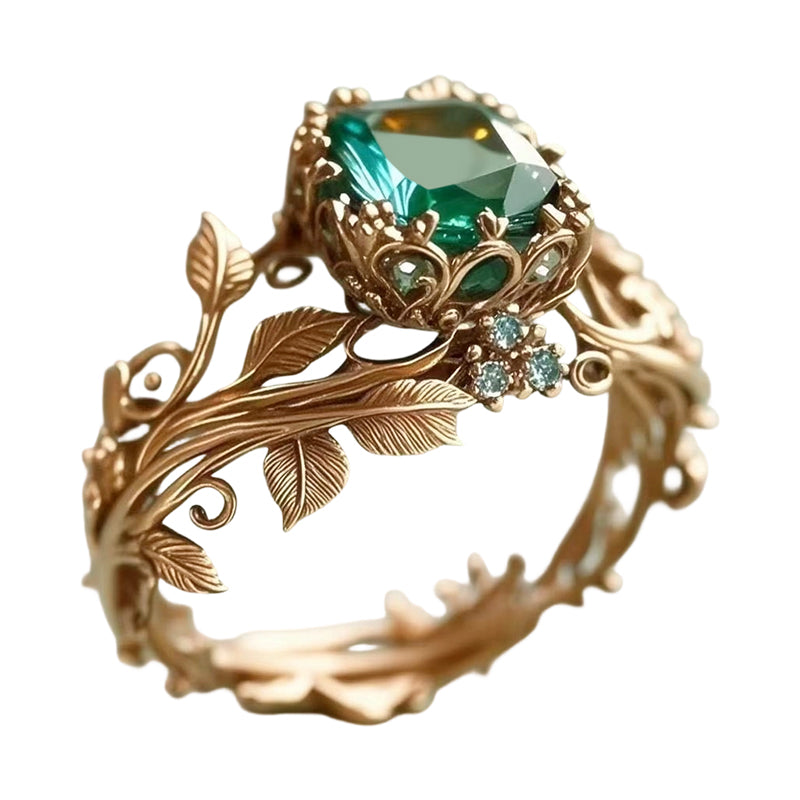 💥Green Synthetic Crystal Ring with Intricate Leaf