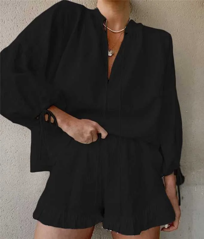 Women Solid Color Long Sleeve Tie-Up V-Neck Shirts Tops Elastic Waist Shorts 2 Pieces Clothes Set