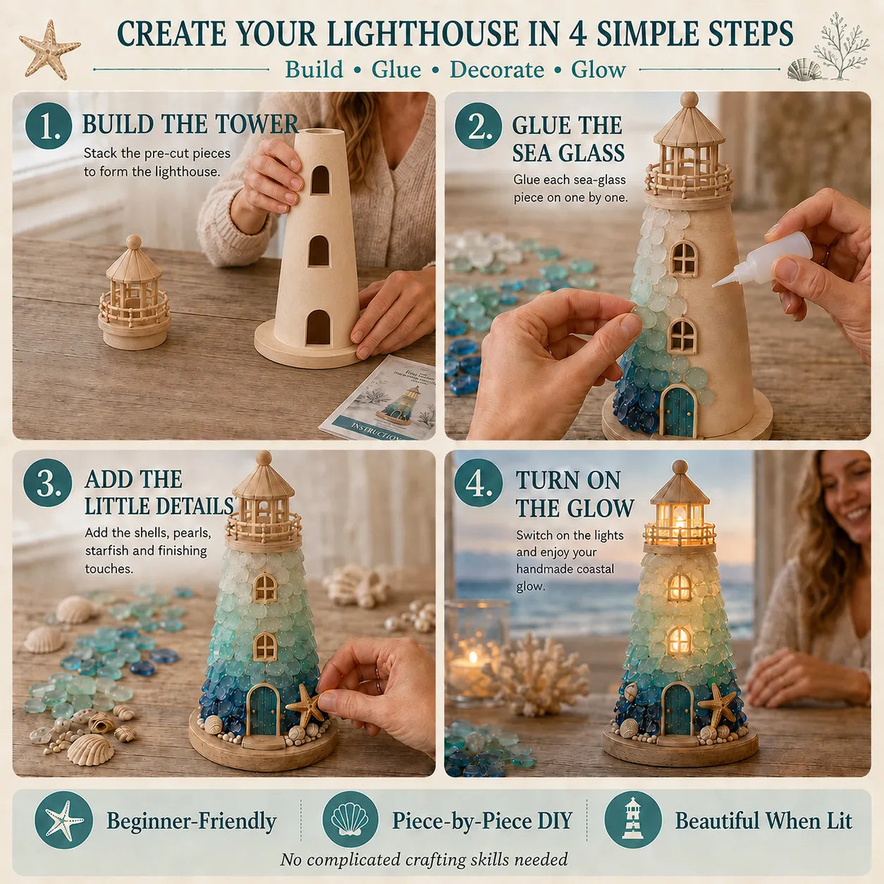 💥  💙 DIY Sea Glass Lighthouse Kit – Light-Up Coastal Craft & Handmade Home Decor