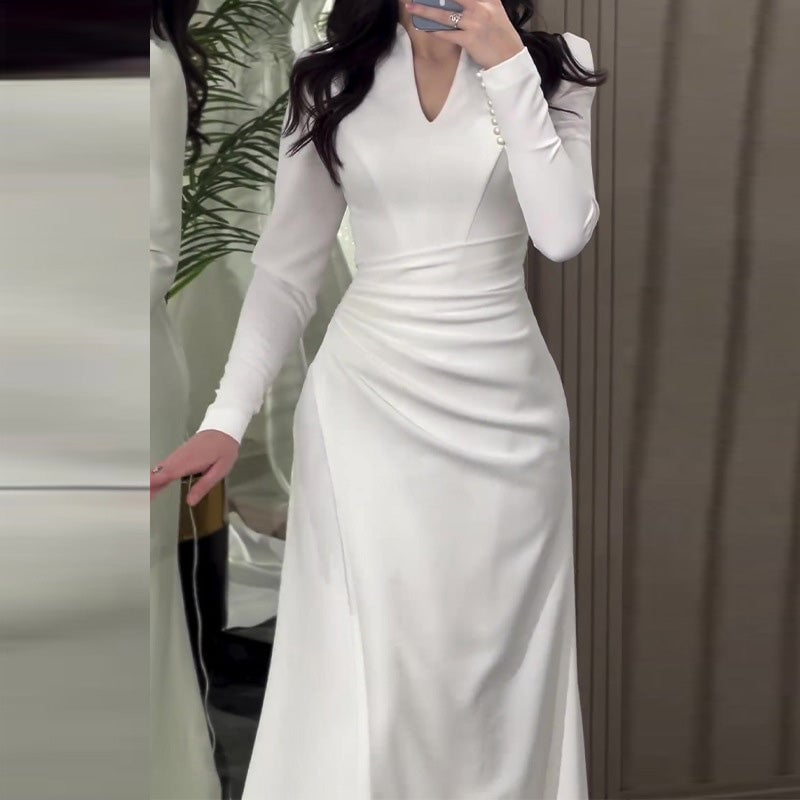 Graceful Slim Long-sleeve Pleated Dress