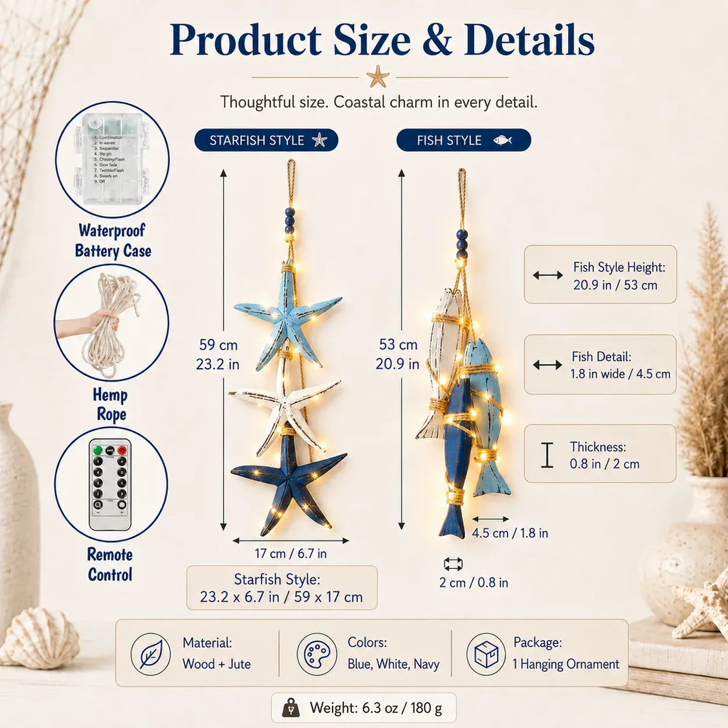 ⭐🐟🌊Lighted Coastal Wooden Starfish & Fish Hanging Decor