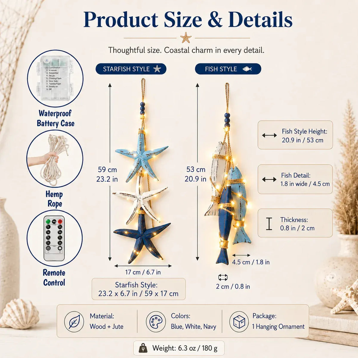⭐🐟🌊Lighted Coastal Wooden Starfish & Fish Hanging Decor