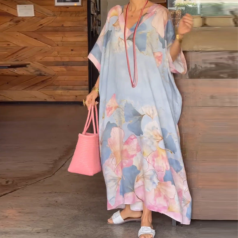 🔥Floral Print Loose Long Dress with Half Sleeves