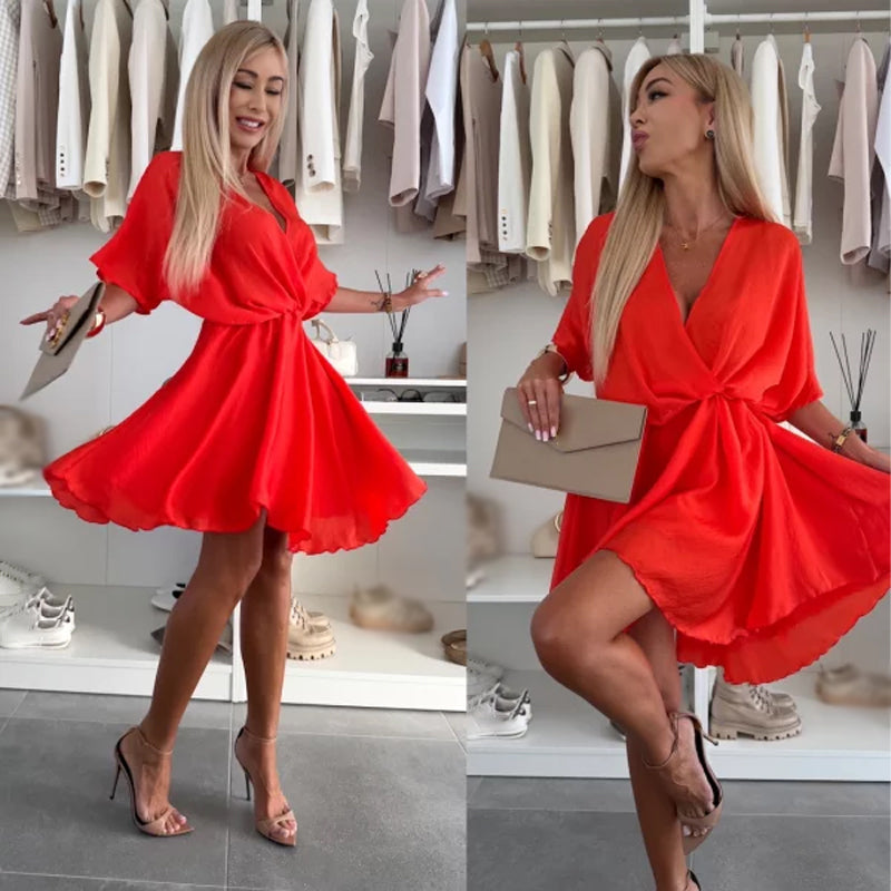 🌸V-Neck Solid Asymmetrical Hem Dress