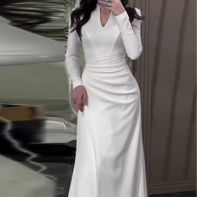 Graceful Slim Long-sleeve Pleated Dress
