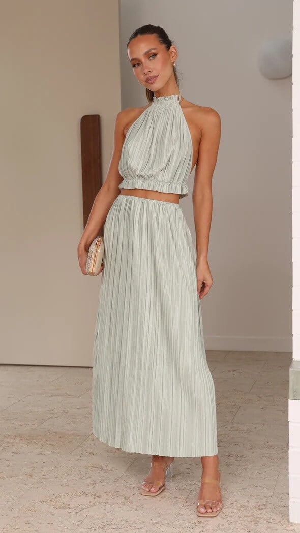 Backless Lace-up Halterneck Sling Top Suit Wooden Ear Pleated Dress