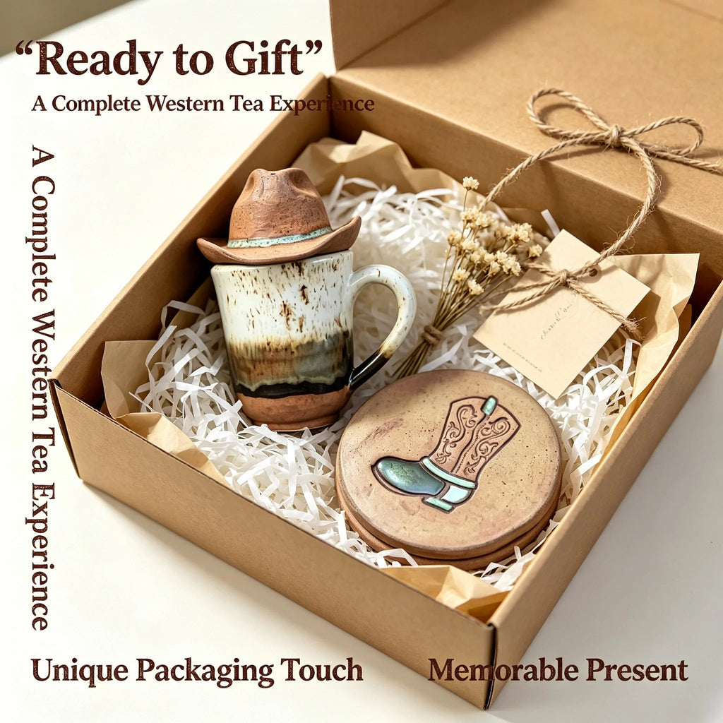 🎉| Western Handmade Cup with Hat Tea Strainer & Cowboy Boot Coaster, Rustic Farmhouse Gift