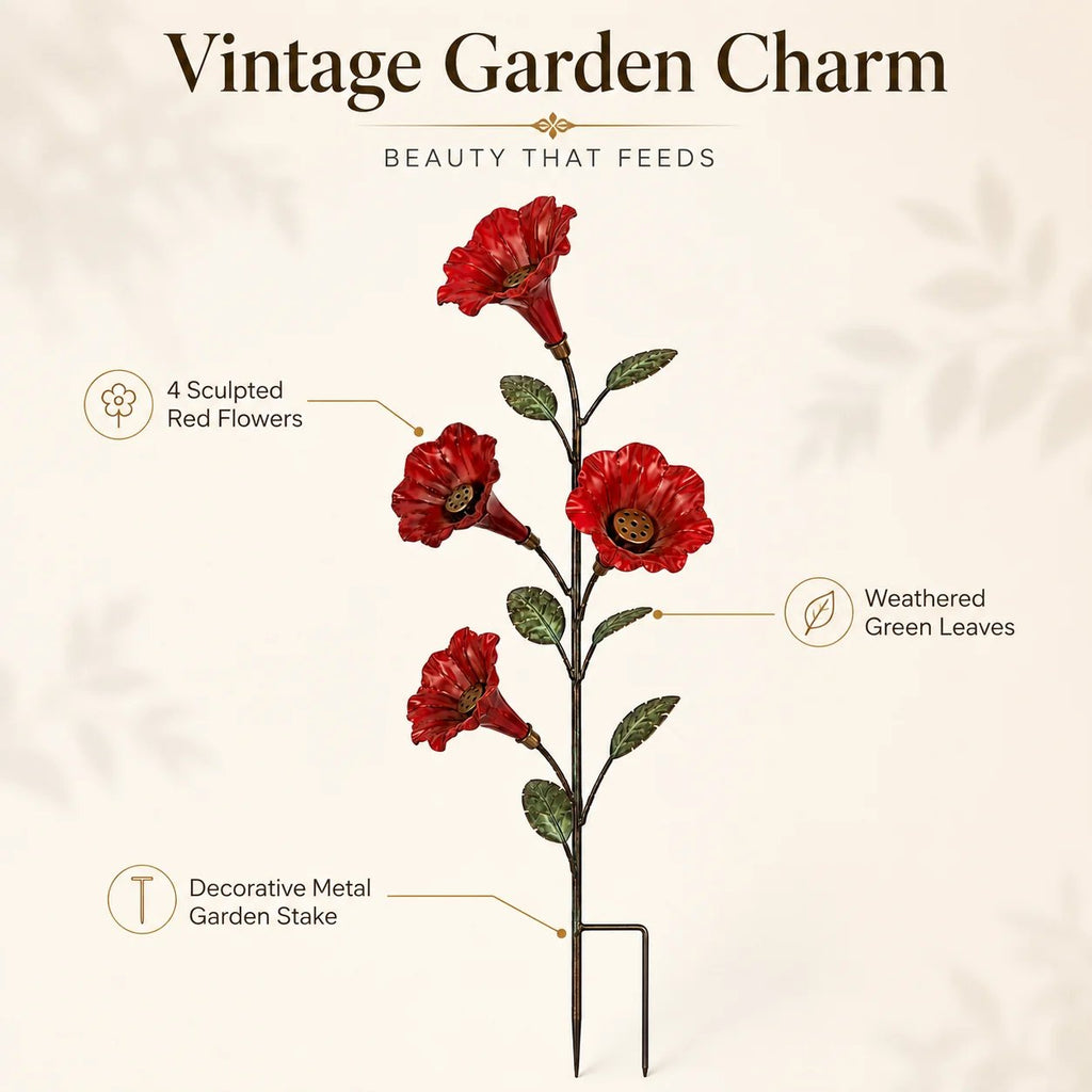 🎉✨ Vintage Red Flower Hummingbird Feeder Garden Stake