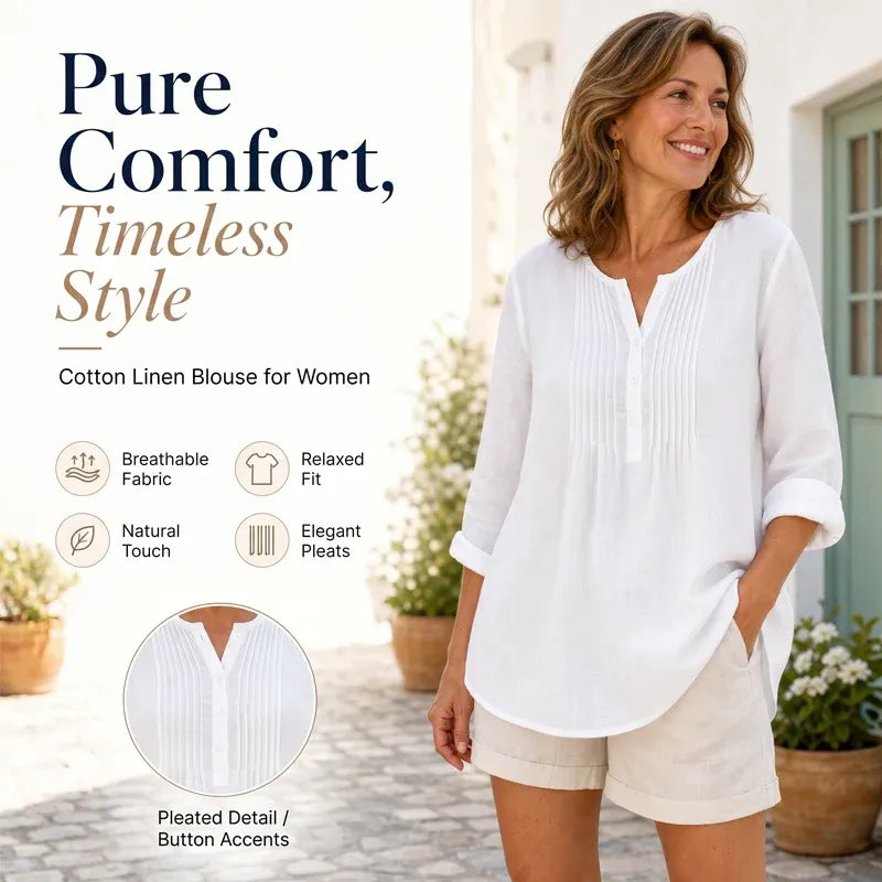 Women's Long Sleeve Pleated Henley Neck Blouse
