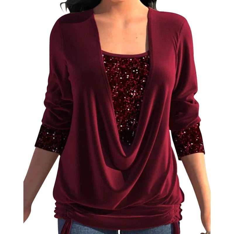 Sequin Loose Smocked Fake Two-Piece Top
