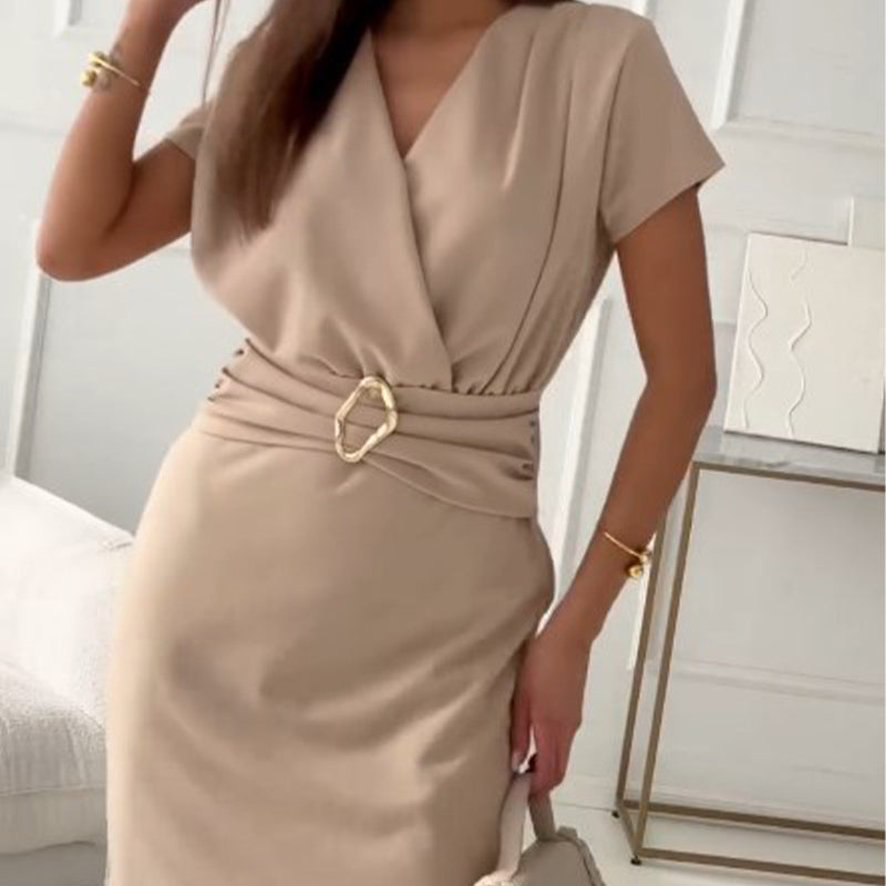 ❤️V-Neck Short Sleeve Short Dress with Cinched Waist