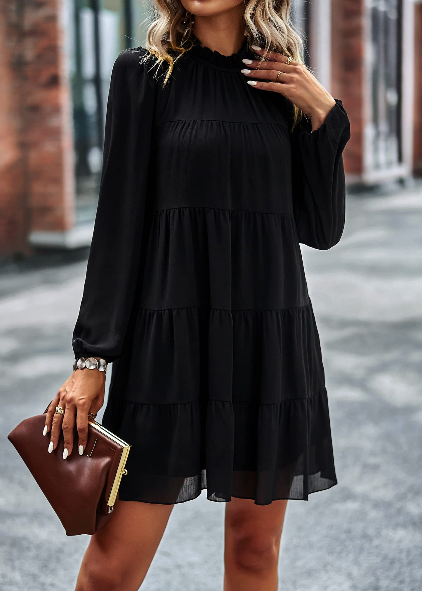 Womens Casual Long Sleeve Mock Neck Ruffle Tiered Babydoll Dress