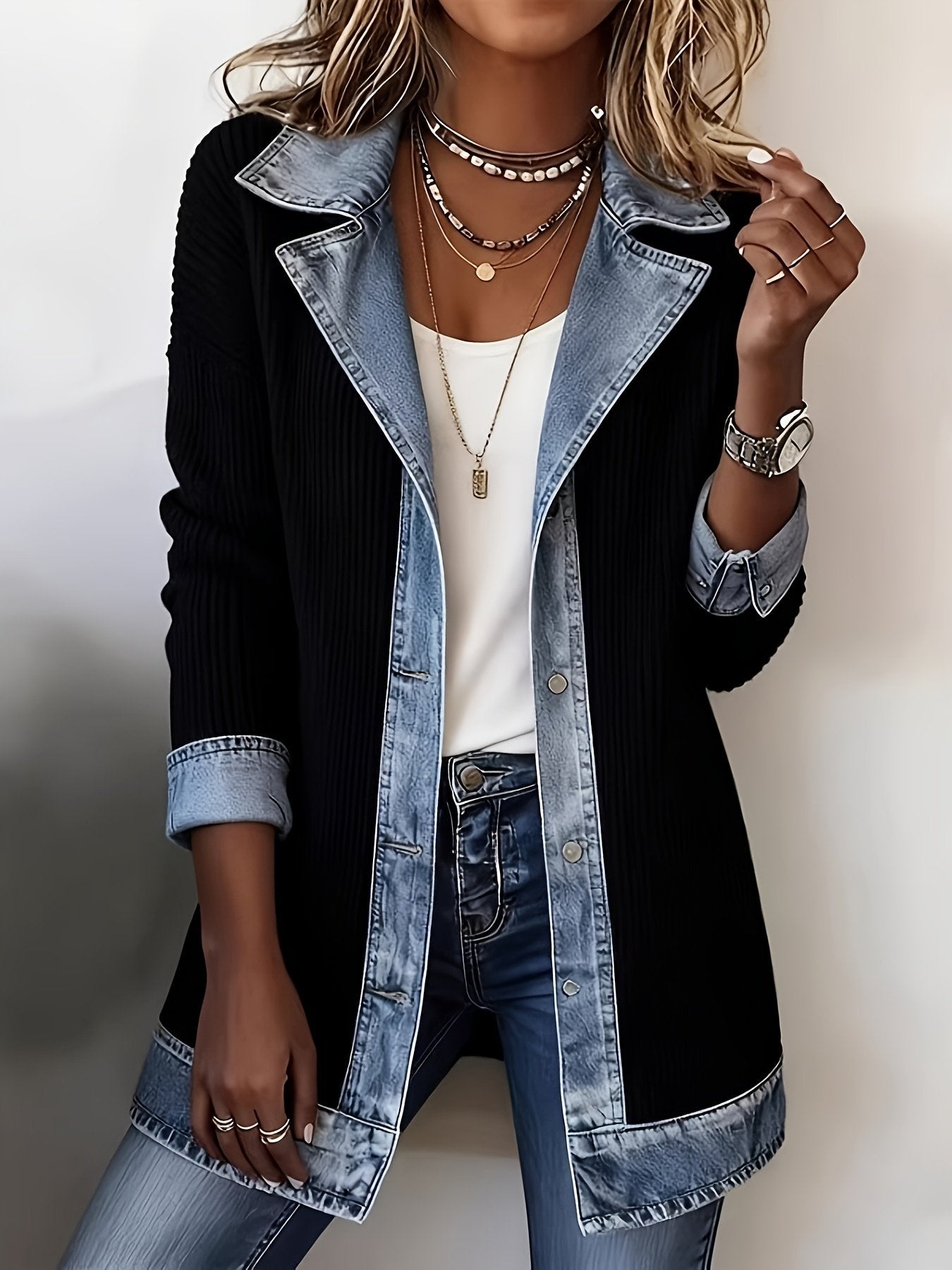Women's Denim Patchwork Mid-length Coat