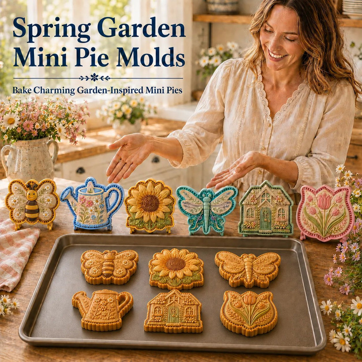 ⏳🌸 8-Design Spring Garden Mini Pie Mold Collection | Reusable Embossed Molds for Shaping Detailed Bee, Butterfly, Ladybug, Sunflower, Cottage & More