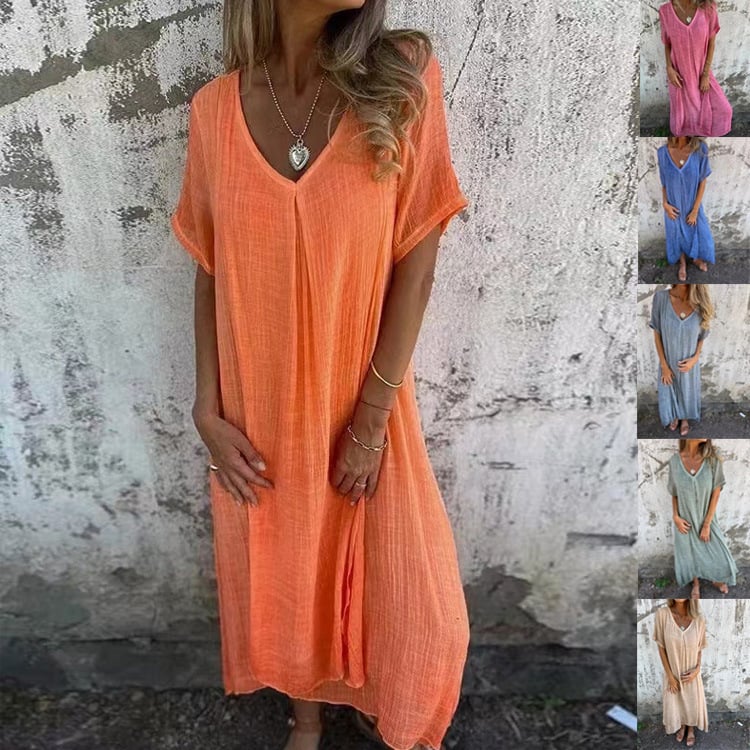 👗Cotton and Linen V-neck Midi Dress