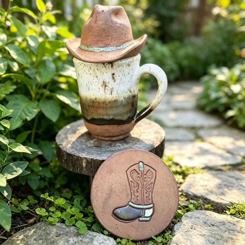 🎉| Western Handmade Cup with Hat Tea Strainer & Cowboy Boot Coaster, Rustic Farmhouse Gift