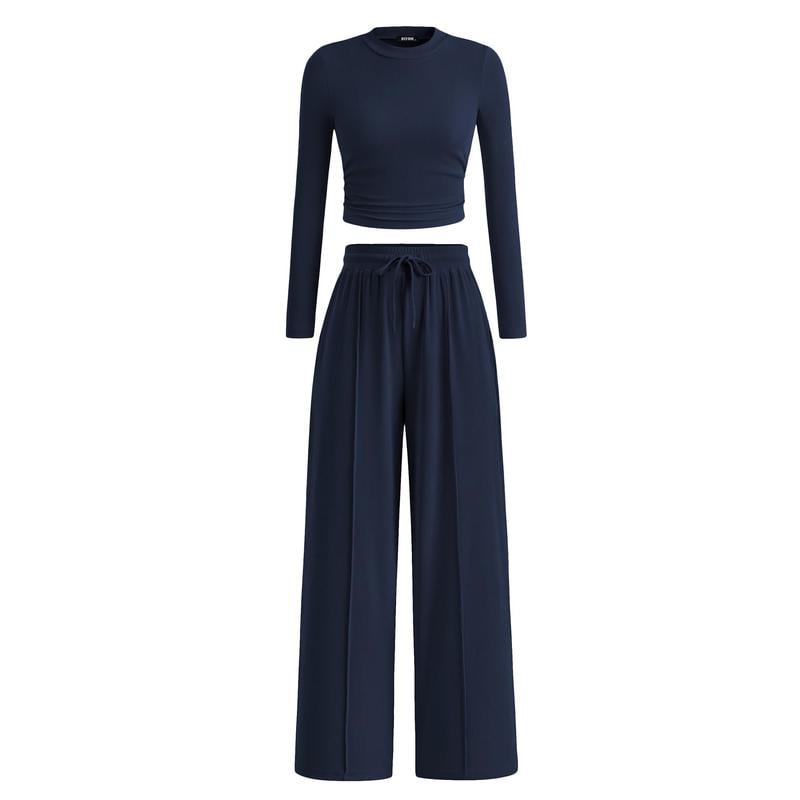 Woman's 2-Piece Ribbed Knit Long Sleeve Crop Top Wide Leg Pants Matching Lounge Set Loungewear
